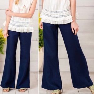 MATILDA JANE LINEN FLARE LEG PANTS IN NAVY BLUE SIZE XS